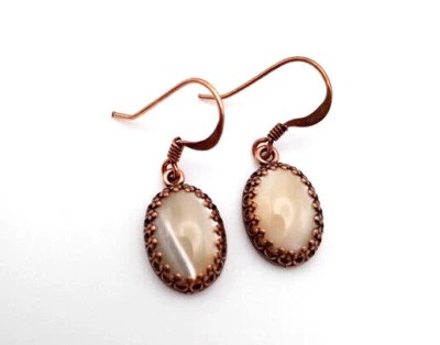 Natural Cream Mother of Pearl Oval Cabochon Earrings Set in Copper Plated Brass - Image 1 of 4
