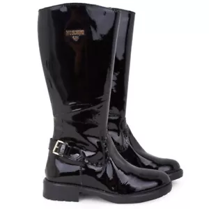 $450 Moschino Teen black patent Leather boots Girl Child Euro 30 12.5 - Picture 1 of 11
