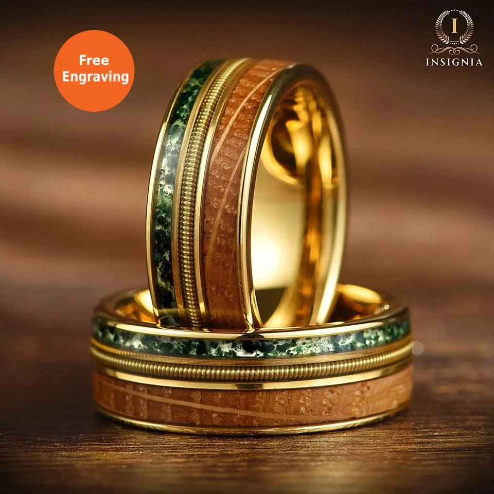 Men’s Gold Wedding / Promise Ring with Moss Agate, Whiskey Wood & Guitar String - Image 1 of 4