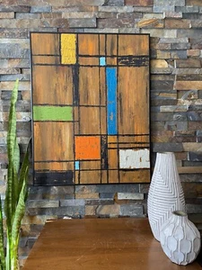 Mid Century Modern Abstract Art Acrylic Painting Yellow Blue Orange Green - Picture 1 of 11