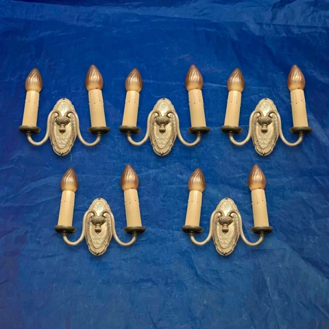 Set of five antique yellow brass double candle wall sconces Rewired 73B Cover
