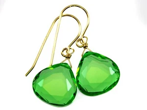 Green Simulated Peridot Earrings Faceted Dangles Simple sterling 14k solid Gold - Picture 1 of 14