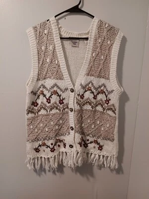 Suéter Chaleco Grande Boho Floral Años 90 Huntington Ridge Tejido Crochet Abotonado  Foto 1 de 4