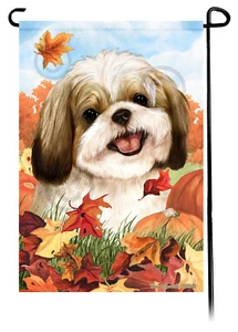 Falling Leaves Garden Flag - Gold and White Shih Tzu - Picture 1 of 1
