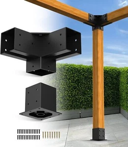 4x4 Pergola Brackets Kit 3-Way Right Angle Corner Bracket with Pergola Post Base - Picture 1 of 19