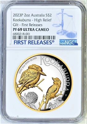 2023 Australia GILT PROOF HIGH RELIEF 2oz Silver Kookaburra $2 Coin NGC PF69 FR - Image 1 of 4