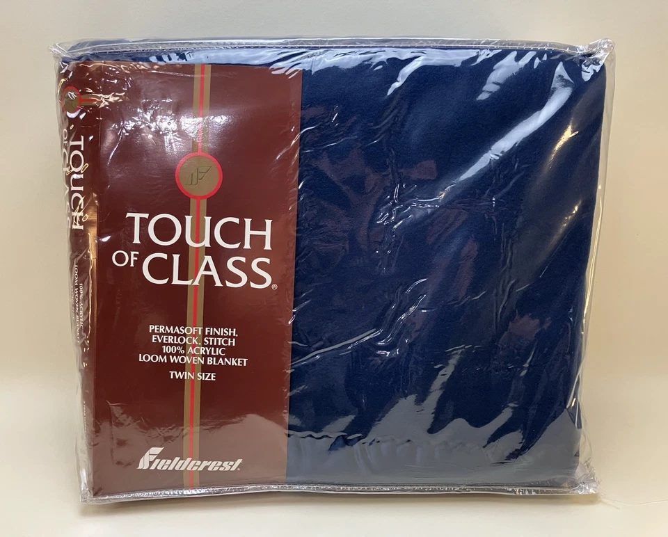 Vtg Fieldcrest Touch Of Class Navy Blue 100% Acrylic Satin Trim Twin Blanket - Image 1 of 4