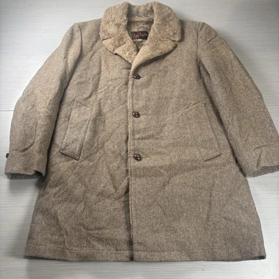 VINTAGE John Weitz Coat Mens 40 Long Herringbone Faux Fur Lined Made USA 60s - Image 1 of 4