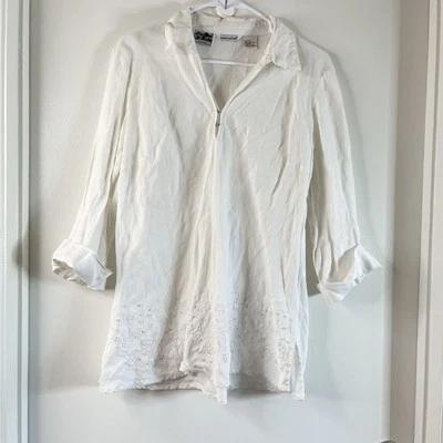 Camisa Richard Malcolm 100 % lino irlandés manga 3/4 lentejuelas bordadas para mujer XL Foto 1 de 4