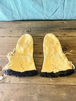 "Mitones de guantelete de cuero gamuza hechos a mano vintage - borde de piel de 13""" Foto 1 de 4