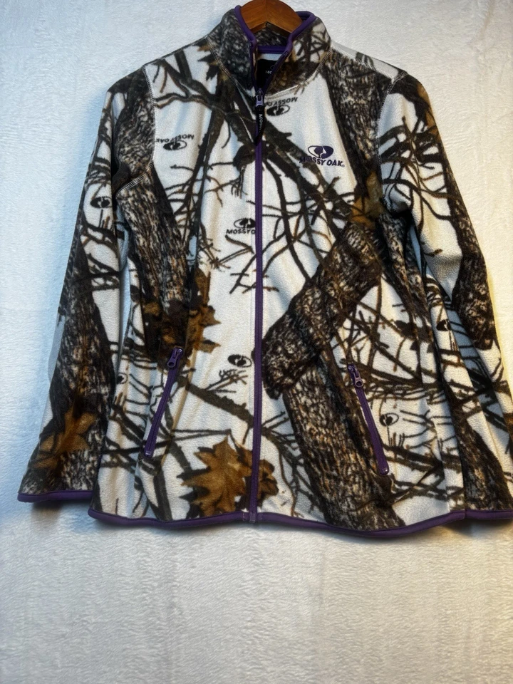 Chaqueta para mujer Mossy Oak pequeña blanca y púrpura de lana de nieve camuflada con cremallera completa Foto 1 de 4