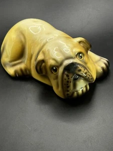 Bulldog Figurine Laying Down Brown Tan Ceramic 3" T. Vintage - Picture 1 of 8