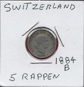 SWITZERLAND 5 RAPPEN 1884-B CROWNED HEAD RIGHT,LEGEND CONFOEDERATIO HELVETICA,VA - Picture 1 of 2