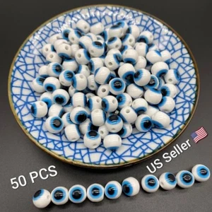 50PCS 8mm Round Beads Evil Eye Resin Spacer Beads Jewelry Making DIY Bracelet - Picture 1 of 1