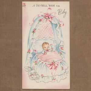 Unbenutzte Vintage GET WELL WISH FOR BABY Karte, Little Darling Krippe Teddybär Rosen - Bild 1 von 6