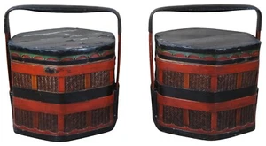 2 Antique Chinese Red & Black Lacquer Bamboo Rattan Nested Picnic Wedding Basket - Picture 1 of 12