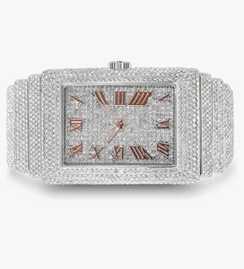 ICE STAR Men's Fully Iced Out Rectangle Silver Rose Watch, 40mm Case - Picture 1 of 3