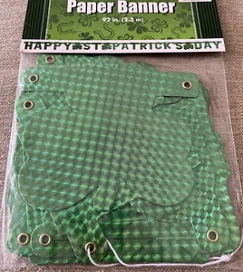 "Happy St. Patrick’s Day" Holographic Green Paper Banner w/Shamrocks 92” Long - Picture 1 of 4