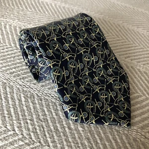 Mercedes Tie Myung Ju Silk Horse Shoes and Bit Equestrian Motif Blue Handmade - Picture 1 of 5