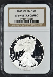 2003 W PROOF SILVER EAGLE UNC NGC PF69 ULTRA CAMEO CLASSIC BROWN LABEL - Picture 1 of 2