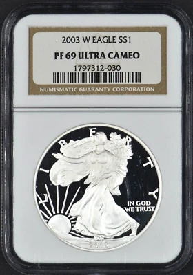 2003 W PROOF SILVER EAGLE UNC NGC PF69 ULTRA CAMEO CLASSIC BROWN LABEL - Image 1 of 2