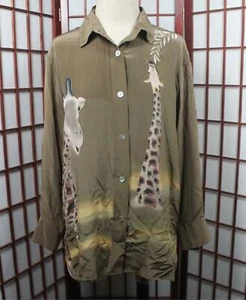 Vintage Carol Patterson Oversized Giraffe Bluse Größe Medium 100% Seide Braun - Bild 1 von 8
