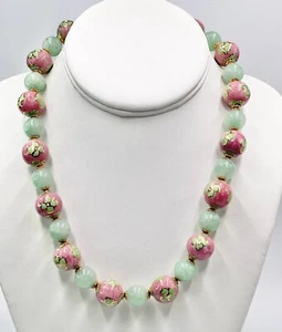 Vintage Necklace Jadeite Ceramic Hand Painted Beads Gold Tone 16” Gold Detailing - Picture 1 of 11
