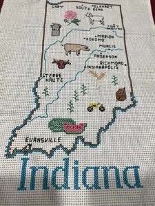 Cross Stitch Completed, Sue Hillis Designs MAP OF INDIANA landmarks sampler, VTG - Picture 1 of 8