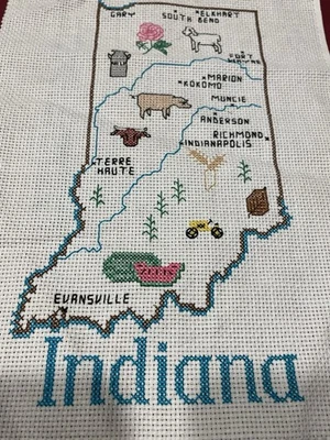 Cross Stitch Completed, Sue Hillis Designs MAP OF INDIANA landmarks sampler, VTG - Image 1 of 4
