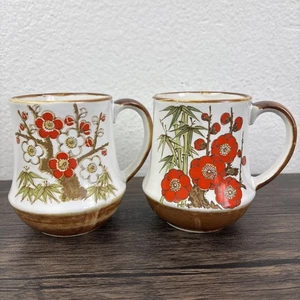 Vintage Takahashi Floral Japan Kaffeebecher Tasse Set Paar gesprenkelt braun Steinzeug - Bild 1 von 20
