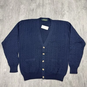 NWT VTG 90S GREENWICH 100% COTTON CABLE KNIT BUTTON V-NECK CARDIGAN MENS BLUE L - Picture 1 of 5