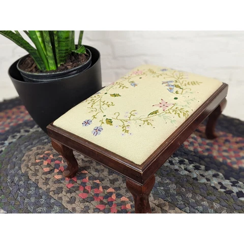 Vtg Wood Footstool Floral Needlepoint Fabric Top Ottoman Upholstered Step Stool Cover