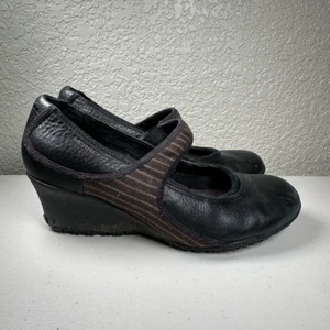 Merrell Womens 6.5 Poppy Mary Janes Black Stripe Elastic Wedge Heel Leather Shoe - Picture 1 of 9