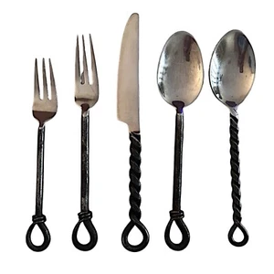 Hand Forged Cutlery Set (set of 5) Silver-tone Twisted Handles Antique - Picture 1 of 4