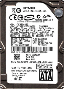 HTS723225L9A362 p/n: 0A58566 mlc: DA3041 fw: C39F Hitachi 250GB 2.5" SATA B21-12 - Picture 1 of 2