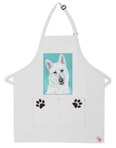 White Shepherd Dog Apron Two Pocket Bib Apron with Adj Neck - Picture 1 of 1