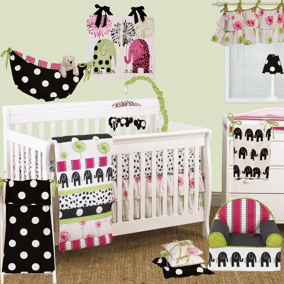 Dot PInk Floral Hottsie Elephant Crib Bedding Set Hamper Valance Sheet Toybag - Image 1 of 1