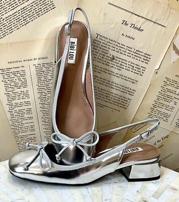 Tacones Anthropologie Bibi Lou Suzy cuero metálico plateado 39/8-8,5 nuevos en caja Foto 1 de 4