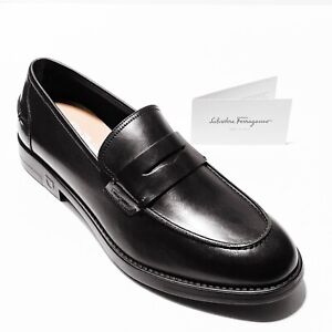Ferragamo Penny Loafers Black Calf Leather Men's Dress Slip-on Shoes Gancini