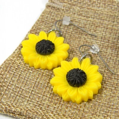 Pendientes colgantes hipoalergénicos de plata titanio girasol brillante flor Foto 1 de 4