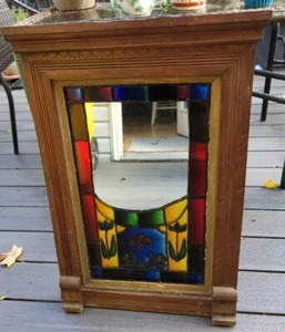 Vtg. Stained Multi-Color Glass Mirror Antique Wood Frame 31 x 21 folk art floral - Picture 1 of 12