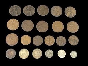 Lote de 22 monedas de Gran Bretaña de un centavo medio chelín de plata de seis peniques etc LS - Imagen 1 de 9