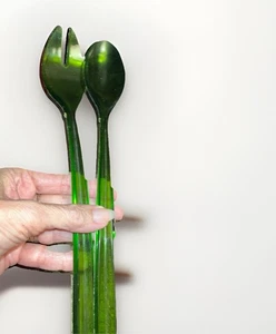 Vintage Green Clear Plastic 12" Salad Serving Utensil Set Spoon Fork MCM - Picture 1 of 3