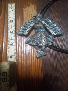 Vintage Southwestern Faux Turquoise Silver Tone Eagle Dancer Bolo Tie - Picture 1 of 6