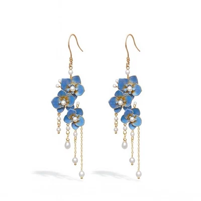 Anthropologie Flower Pearl Tassel Wedding Earrings Retro Lotus Boho VTG CZ Gold - Image 1 of 4