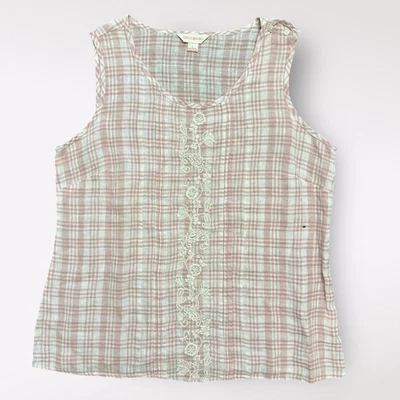 Camiseta sin mangas April Cornell de lino L rosa blanco a cuadros boho cottagecore Foto 1 de 4