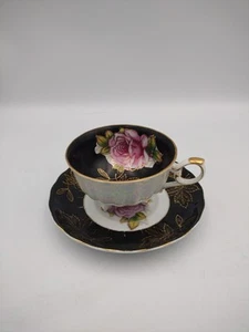Royal Halsey Black Footed Teacup And Saucer With Roaes Fast Shipping - Picture 1 of 3
