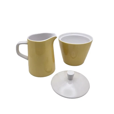 VTG Mikasa Cera Stone Japan  Yellow White Covered Sugar Bowl Creamer Set MCM - Image 1 of 4