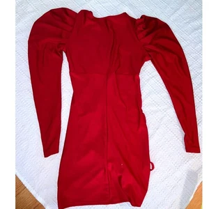 Red Long Sleeve Mini Dress Sz S Ruched Bodycon V Neck Party Cocktail - Picture 1 of 7