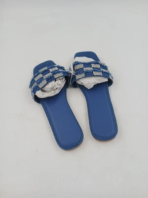 Essie Sandal Shoes Womens Size 11W Denim Rhinestone Checker Slide Wide Width New - Image 1 of 4